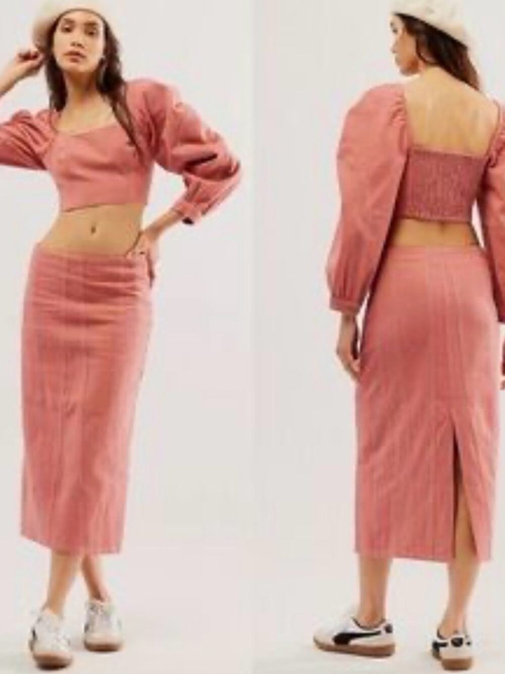 Free People Marley Set Rose Smoke Puff Sleeve Crop Top Midi Skirt Size 2 NWT